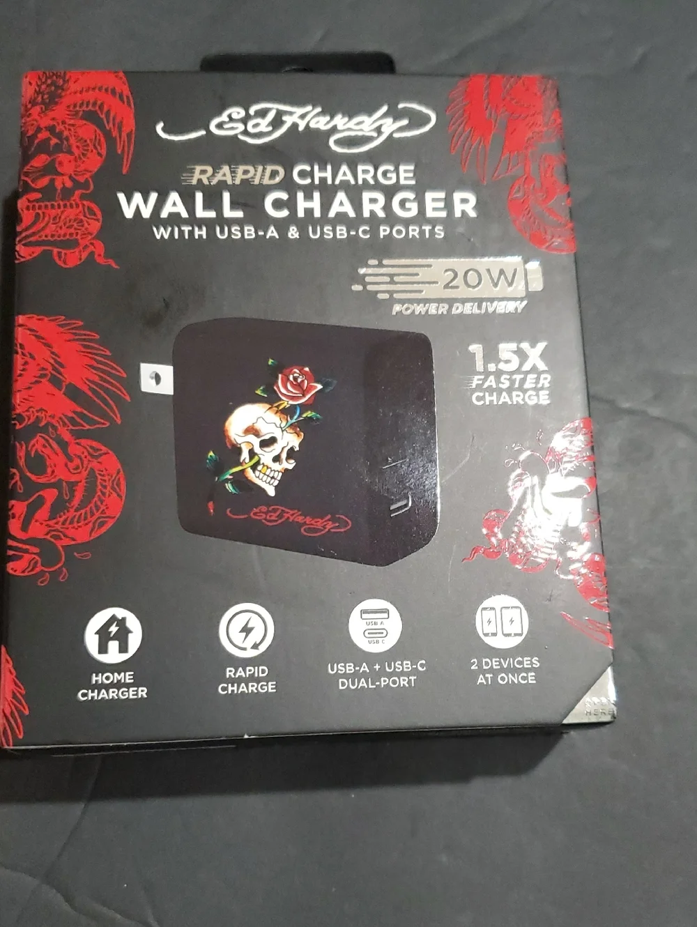 Ed Hardy black iconic ed hardy skull red roses floral print rapid charge charger
